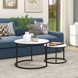 Coffee Tables for Living Room - Round Coffee Table Set of 2 End Tabl; Nesting Tables for Small Spaces; Easy to Assemble; Black+White