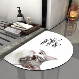 Super Absorbent Bath Rug Quick Drying Non-slip Bathroom Mat Bath Tub Side Area Floor Mats Diatomite Home Doormat Kitchen Carpet (Color: Semicircle Cute Cat, Specification: 500MMx700MM)