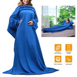 Wearable Fleece Blanket with Sleeves Cozy Warm Microplush Sofa Blanket Extra Soft Lightweight for Adult Women Men 3 Colors (Color: Blue)