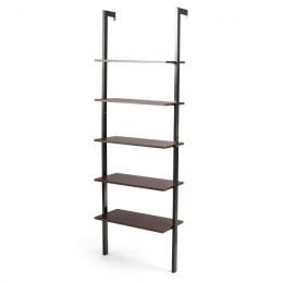 5-Tier Wood Look Ladder Shelf with Metal Frame for Home (Color: Brown)