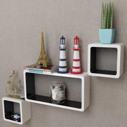 3 White-Black MDF Floating Wall Display Shelf Cubes Book/DVD Storage (Color: White)