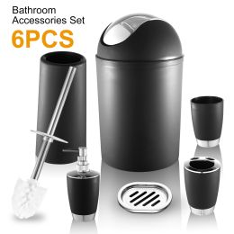 Bathroom Accessories Set 6 Pcs Bathroom Set Ensemble Complete Soap Dispenser Toothbrush Holder (Color: Black)
