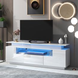 Modern, Stylish Functional TV stand with Color Changing LED Lights, Universal Entertainment Center, High Gloss TV Cabinet for 75+ inch TV (Color: White)