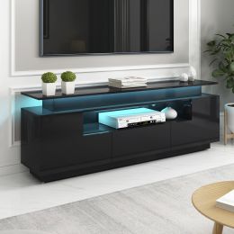 Modern, Stylish Functional TV stand with Color Changing LED Lights, Universal Entertainment Center, High Gloss TV Cabinet for 75+ inch TV (Color: Black)
